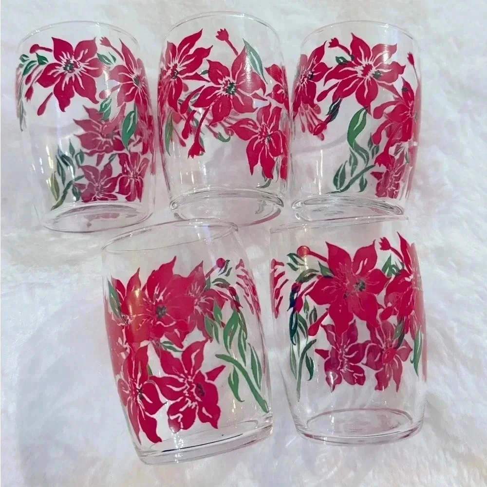 Vintage Pointsetta Christmas Juice Glass Set of Five Holiday Glasses Party EUC - Picture 2 of 12